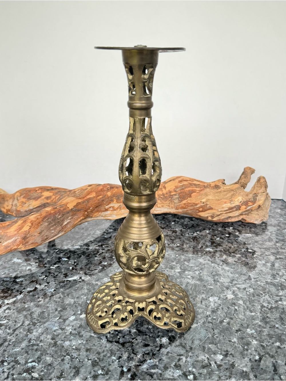 Vintage Filigree Brass Pillar Candle Stick Holder 11” Pedestal Ornamental Decor